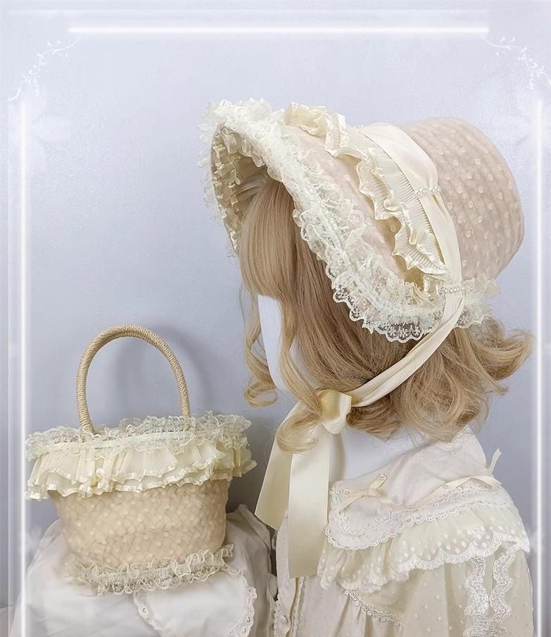 Cocoa Jam~Retro Lolita Hat Hand-basket Ivory Lace Lolita Hat Hand-basket Hats + Handbags  