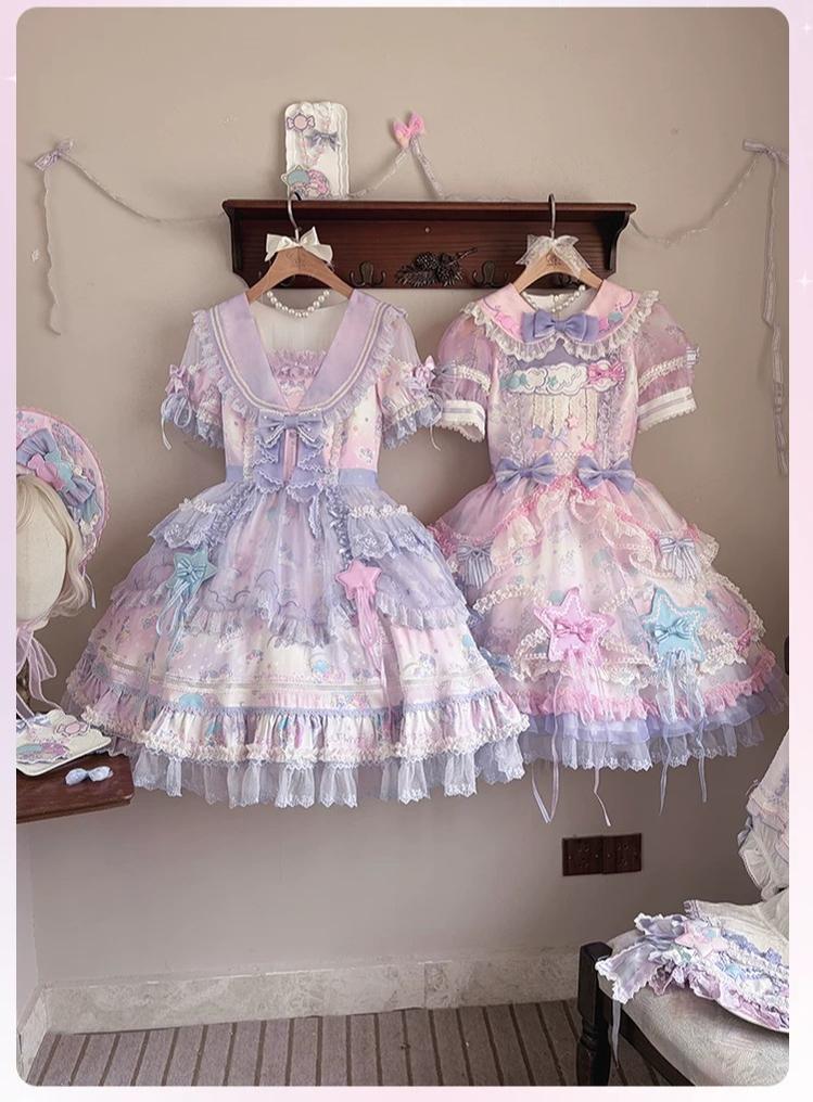 Little Twin Stars - Cotton Lining Sweet Lolita Dress Set, Unicorn and Star Print 45655:857289