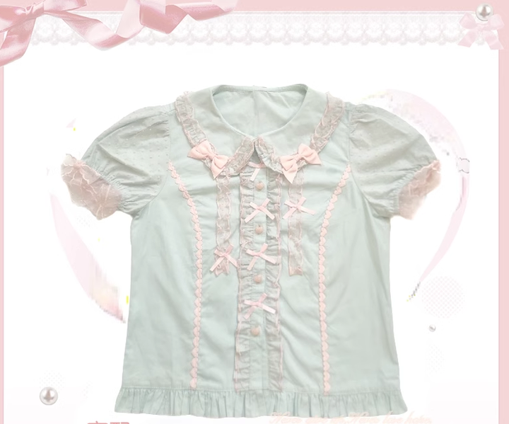 (BFM)The Seventh Doll~Sweet Diary SP~Vintage Lolita Jumper Dress Petal-like Hem JSK Headdress Set S blue-green short sleeve shirt 