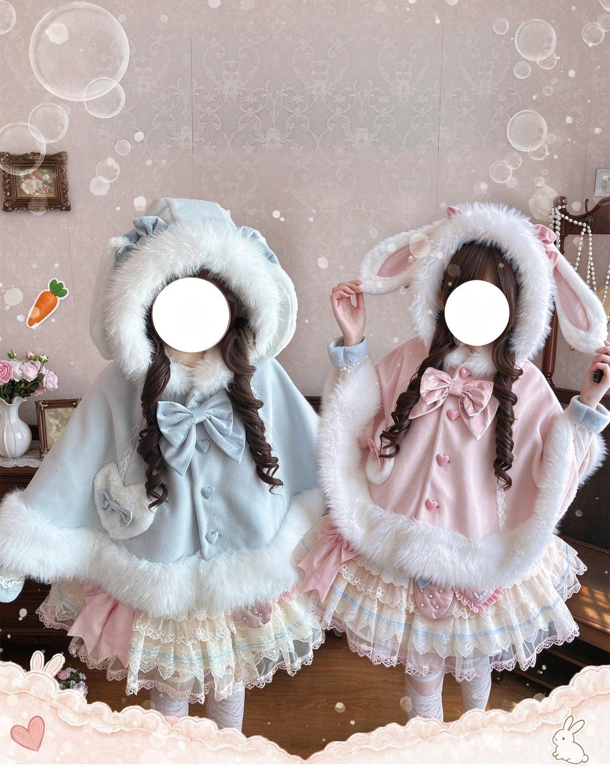 Floppy Bunny Ear -Sweet Lolita Winter Fleece-Lined Cape Coat with Bunny Ears
