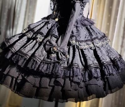 Forest Fluorescent Carps~Black Lady~Gothic Lolita JSK Dress Set S Black extended petticoat 