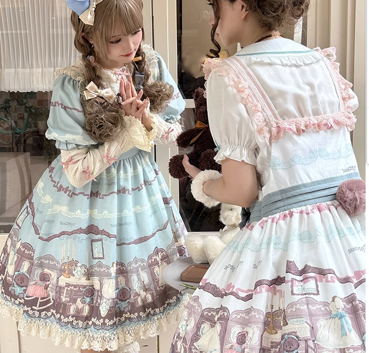 With Puji~Brown Doll House~Kawaii Lolita Brown Print JSK and OP Dress   