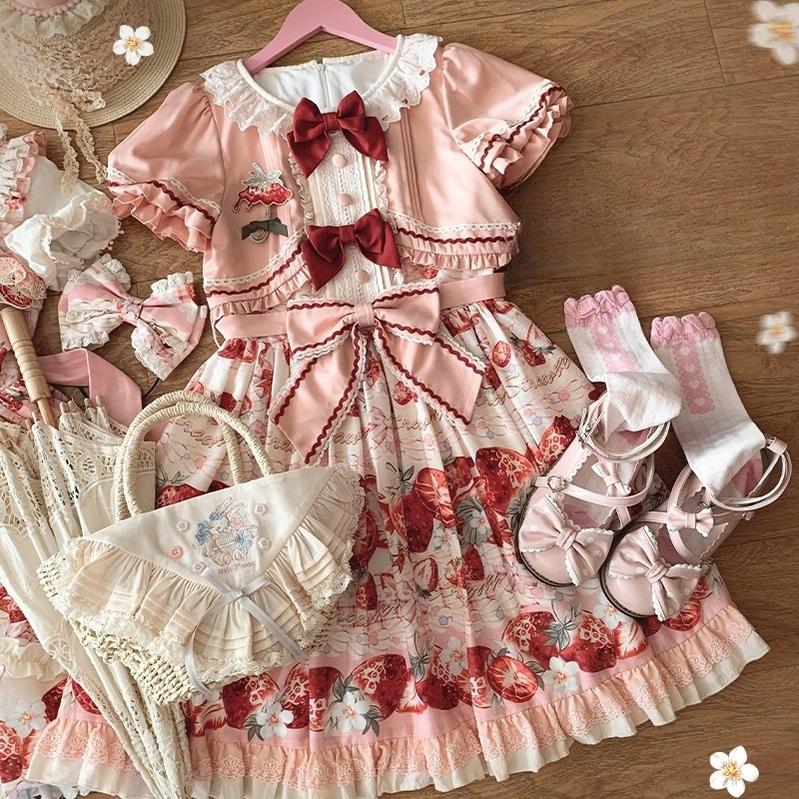 Strawberry Fantasia~Sweet Lolita OP Dress Set Puffy Skirt Long JSK and Shirt