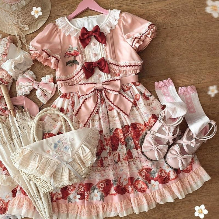 Strawberry Fantasia~Sweet Lolita OP Dress Set Puffy Skirt Long JSK and Shirt