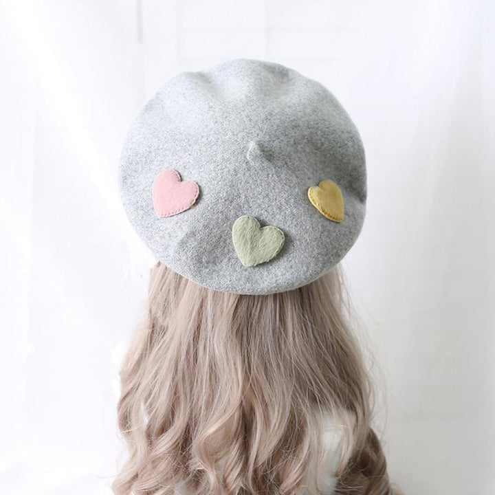 Xiaogui~Sweet Lolita Beret Loving Heart Wool Hat Multicolor M (56-58 cm) light gray (with 3pcs loving heart) beret 
