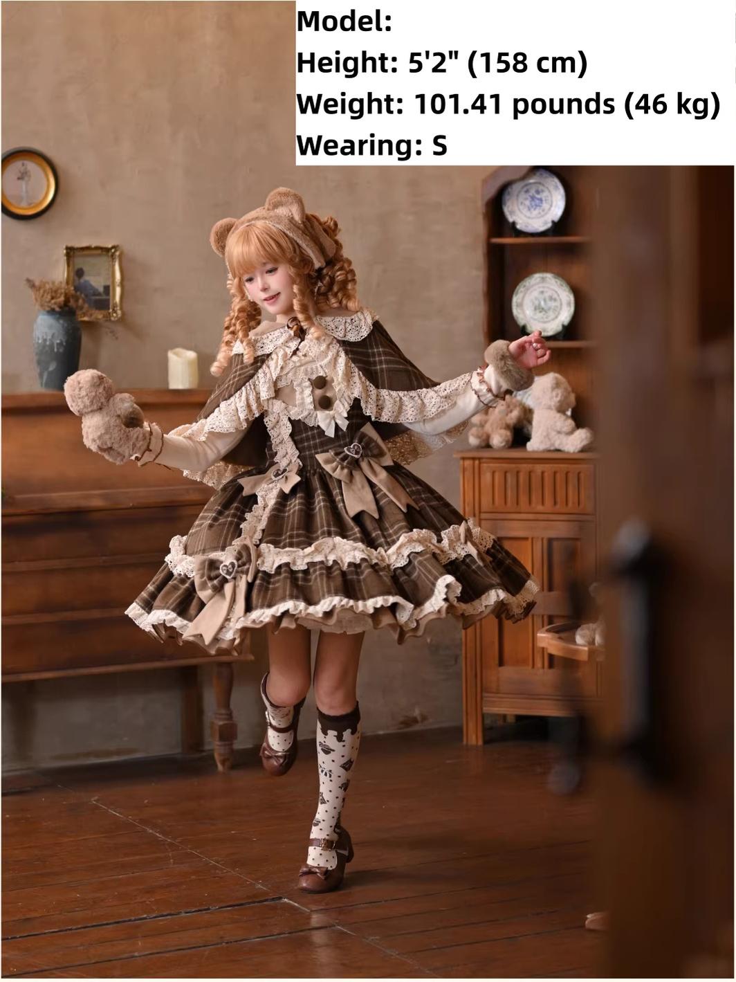 Choco Chestnut - Plaid Kawaii Lolita JSK Dress, Peter Pan Collar Cape 44501:811824