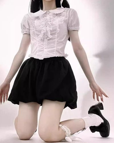 CastleToo~Faded Rose~Gothic Lolita Dress Floral Print Salopette White Short Sleeve Shirt   