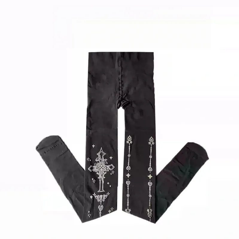Thorn Cross - Halloween Gothic Lolita Pantyhose, Cross & Heart Chain Print 45946:869169