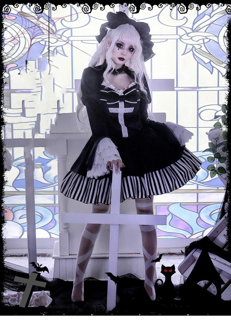 With PUJI~Requiem of Peace~Gothic Lolita Halloween Dress Fake Two-Piece OP   