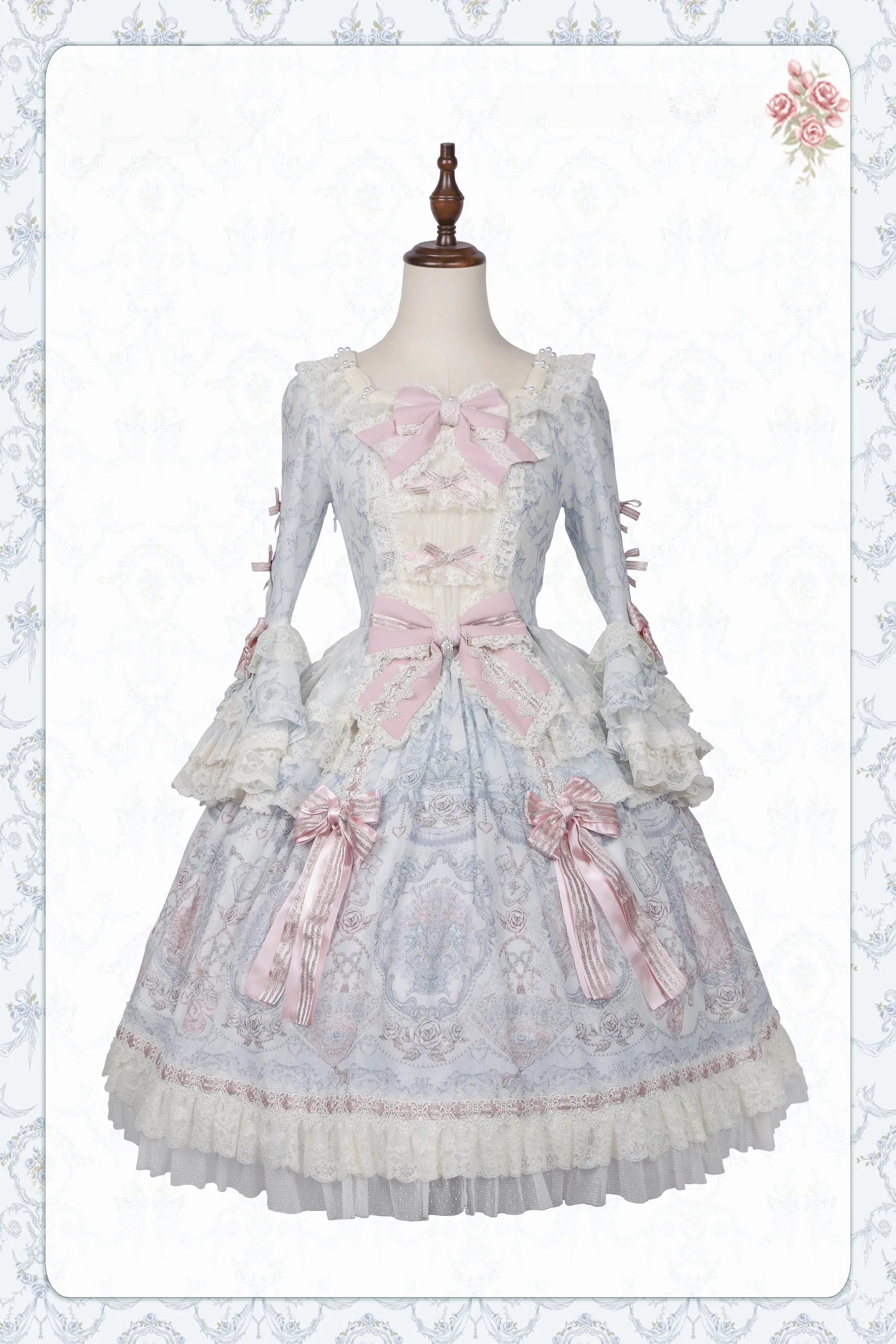Rose Fragrance - Classic Lolita Lace JSK & OP Dress, Rose & Perfume Bottle Print (L M S) 45850:865552