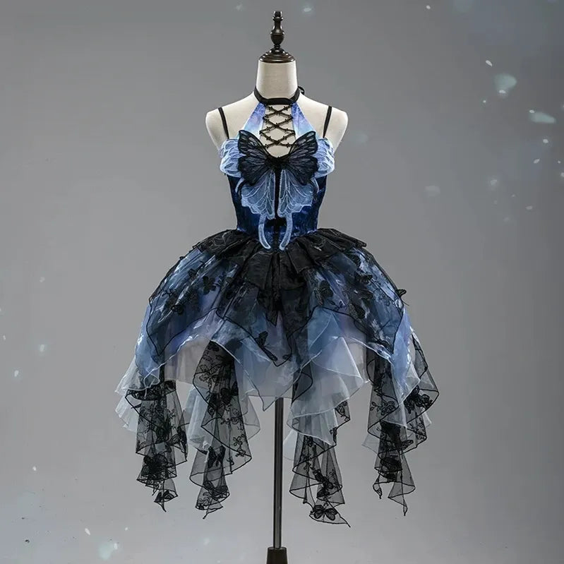 Dead Leaf Butterfly - Chiffon Gothic Lolita JSK, Irregular Tiered Skirt Blue - JSK Only (1.0 version) S
