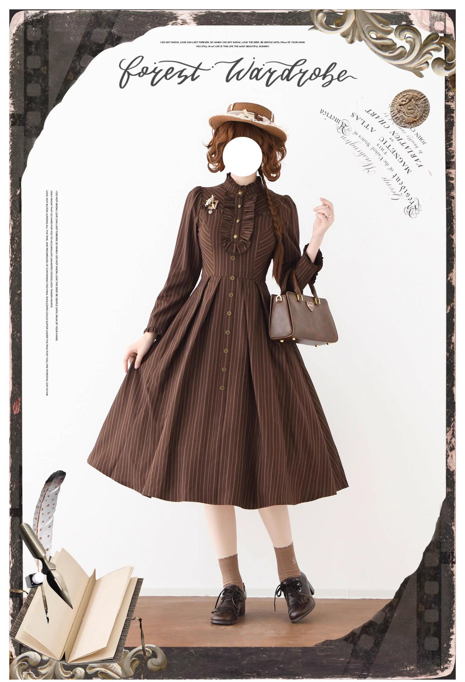 Forest Castle - Classic Lolita Long Striped Dress, Irregular Hem Vest 44441:809864