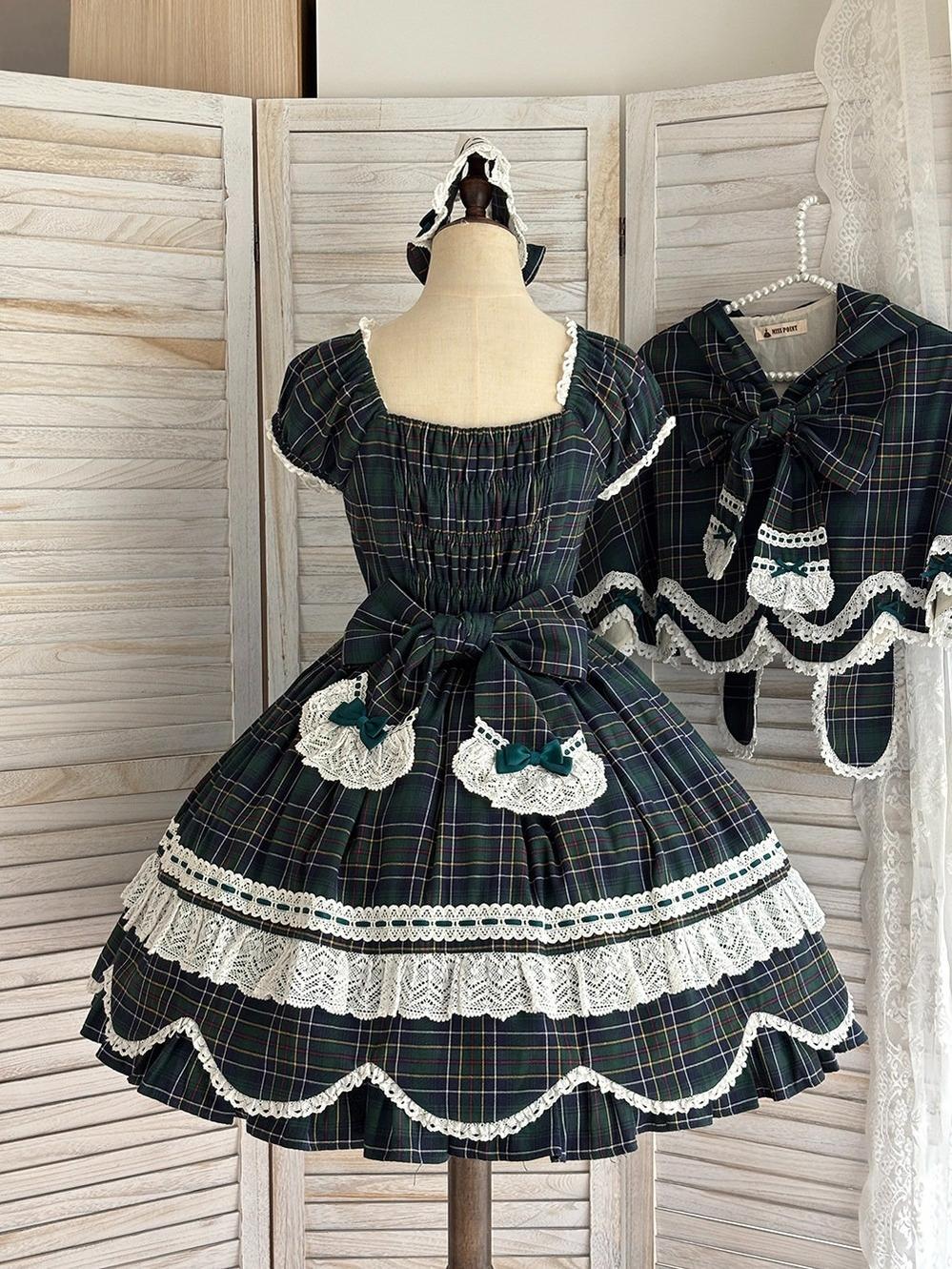 Plaid Petal Bunny - Old School Lolita Plaid OP Dress, Petal-shaped Hem 44673:818333