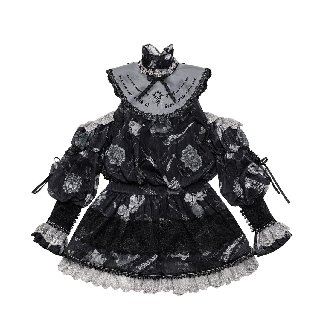 Sing a lullaby for you~Believer~IP Collab Gothic Lolita OP Dress Set Printed Hooded cape   