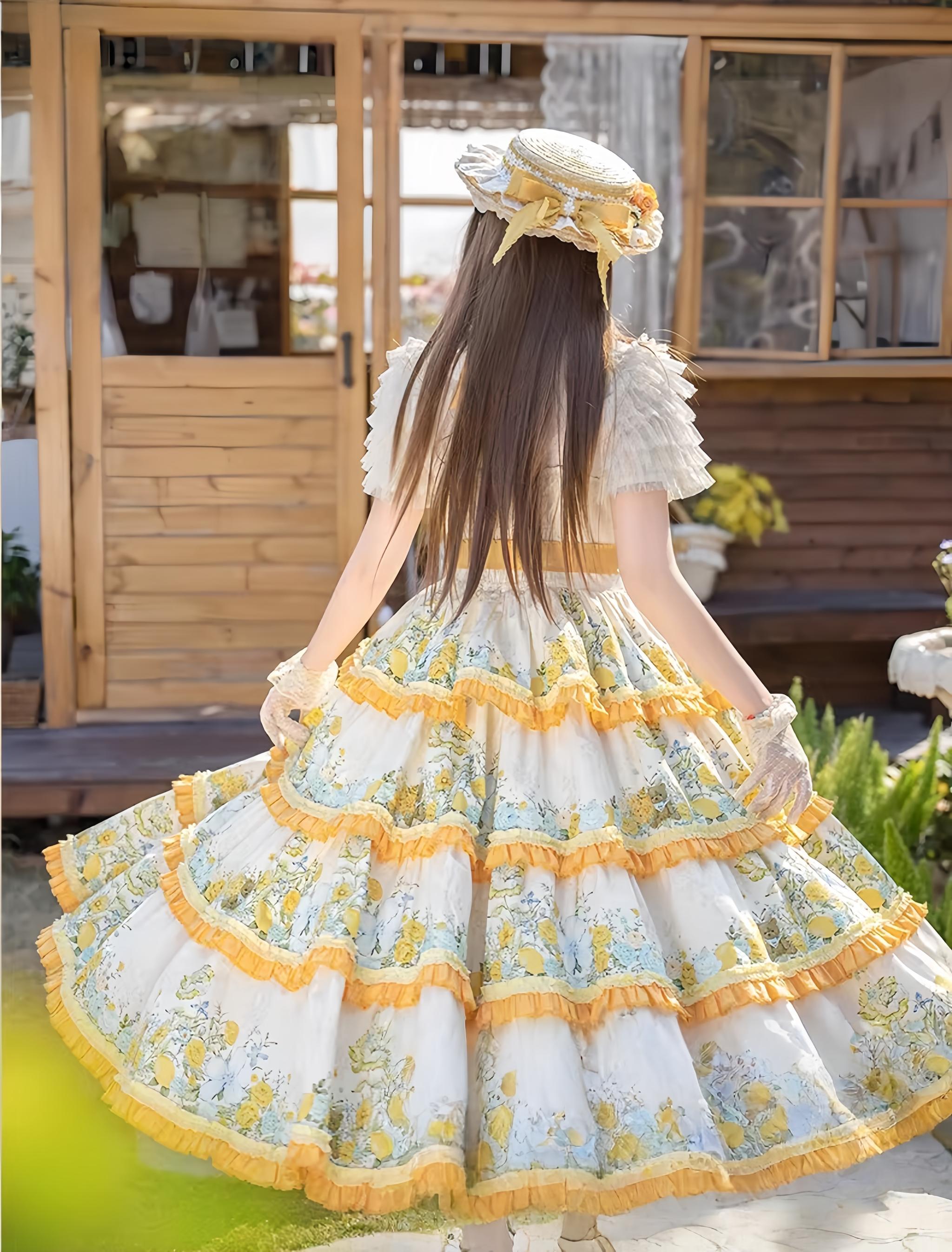 Flower Rabbit Bear - Country Lolita Tiered Skirt Dress, Floral & Bear Print