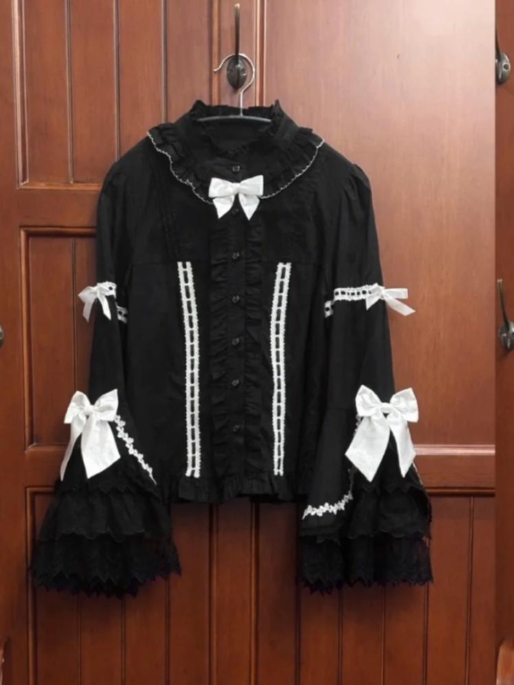 MQ Cat Ball~Maze Doll~Old School Lolita Princess Sleeves Shirt Short Cotton Blouse Black and white (white rose) Long-sleeved shirt S