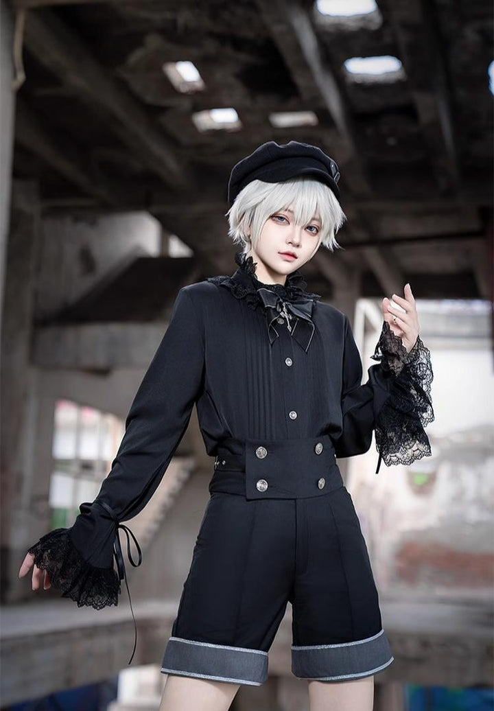 CastleToo~Rules of the Otherworld~Gothic Ouji Lolita Shorts Set with Embroidery Jacket Black blouse with collar bow only S