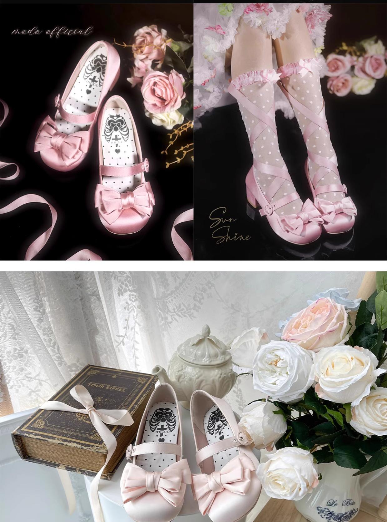 MODO~Sissi~Sweet Lolita Shoes Satin Low Chunky Heels with Bow 42594:749204