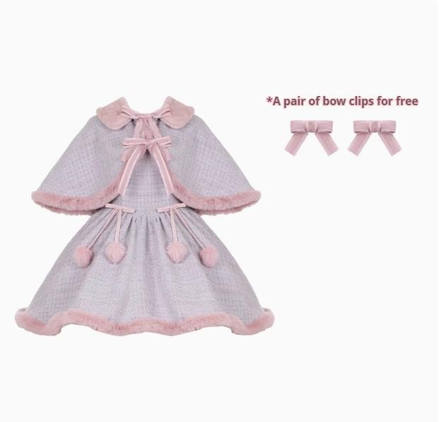 With PUJI~Winter Love Song~Winter Sweet Lolita JSK Suit Plush Cape S Full set with a pair of butterfly bow clips included 