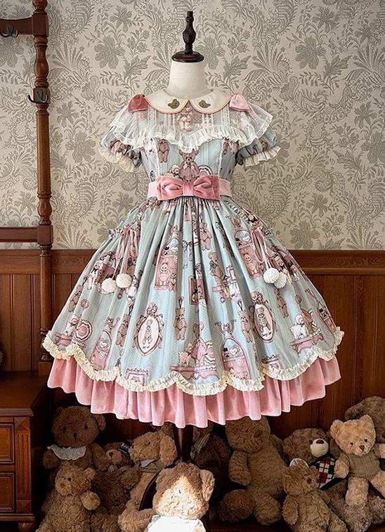 Alice Girl~Teddy Bear Wall~Kawaii Lolita OP Dress Teddy Bear Embroidery JSK XS Pink and Green (OP) 