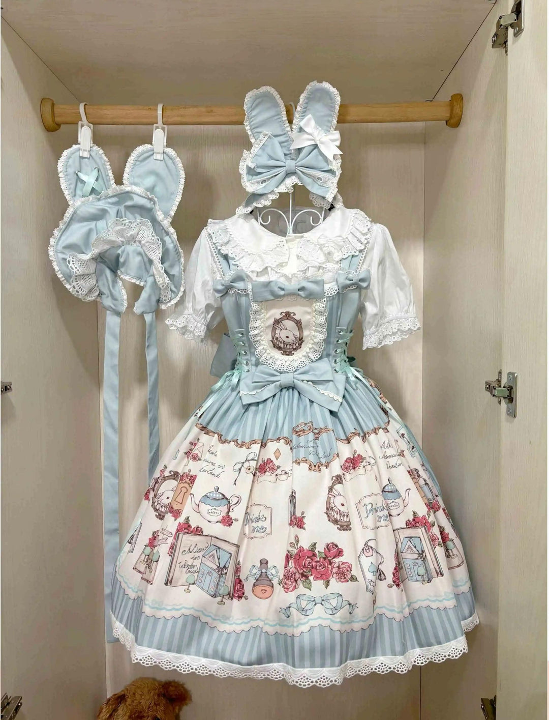 MeowMeow - Rabbit Collection Box - Bunny Print Kawaii Lolita JSK Dress Full Set (please note the JSK color | shirt size | headdress style (hat or headband)) S