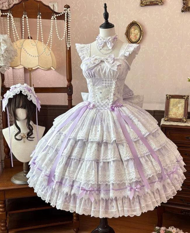 Flower Narrative Ballad - Classic Wedding Lolita Floral Printed JSK Dress with Tiered Hem (2XL L M S XL XS) 45728:859723