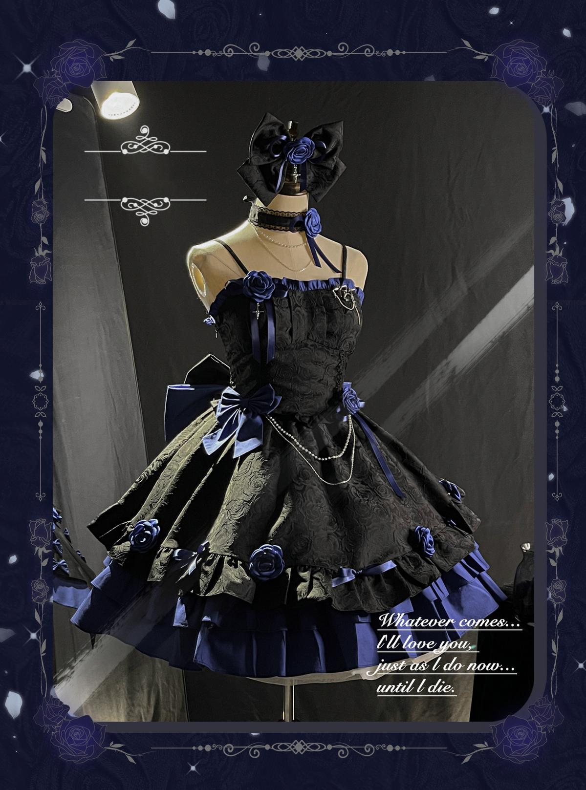(Buyforme)Platycodon House~Romantic Contract Lolita Twin Rose Gothic JSK XS black blue set (without headwear) 