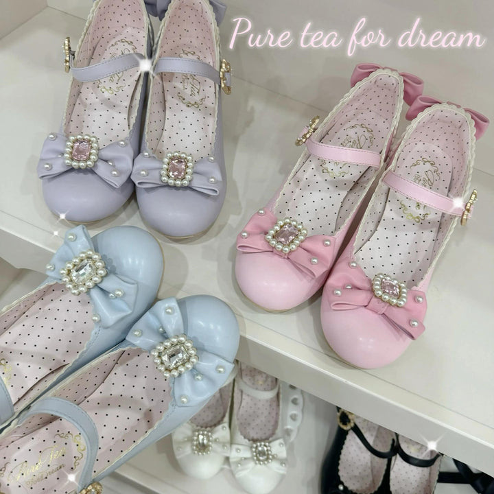 Pure Tea For Dream~Vintage Gemstone~Sweet Lolita Shoes Round Toe Heels with Bow