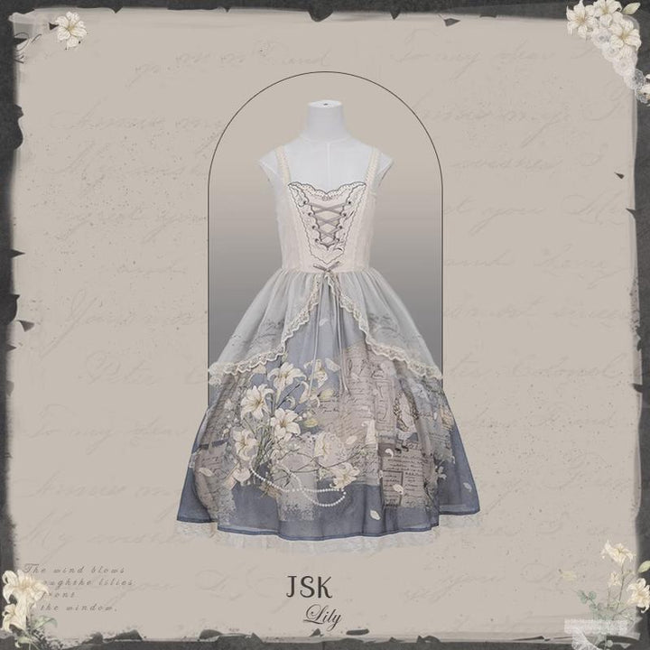 Mademoiselle Pearl~Lily Poetry~Lily Print Lolita Dress Collection XS JSK (Off-White) 