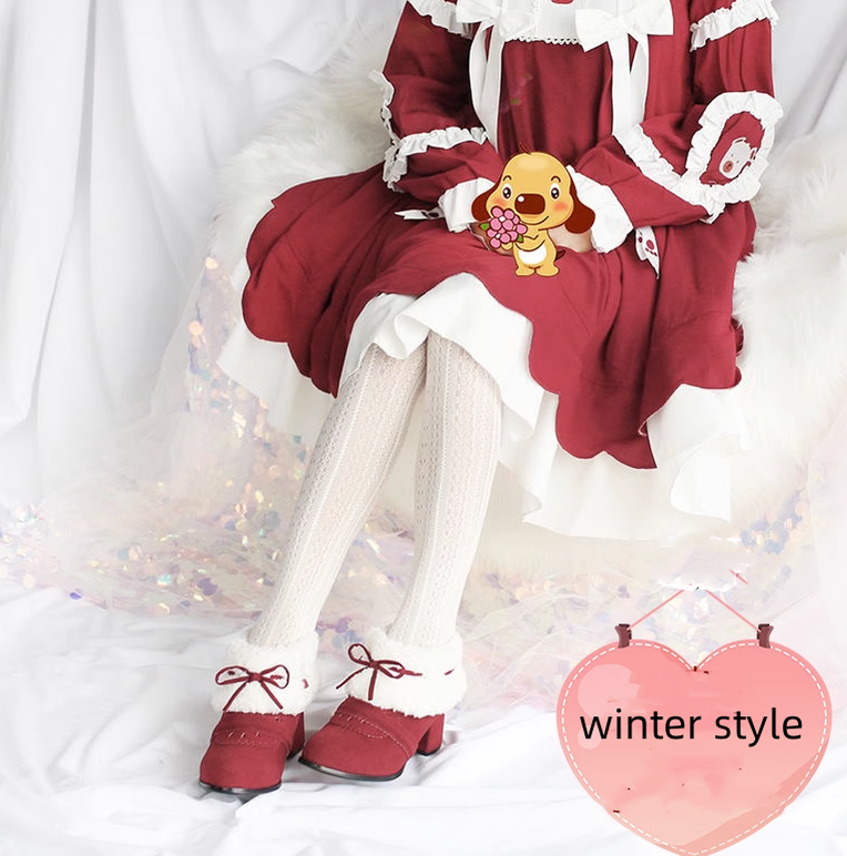 Spring Day Lolita - Kawaii Lolita Winter Multicolor Ankle Boots burgundy winter style size 25.5# (41 size)