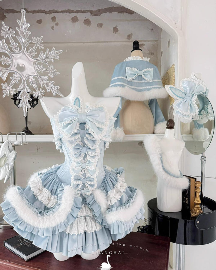 POSHEPOSE~Chuling Swan Lake~Sweet Lolita JSK Set Velvet Blue Dress for Prom