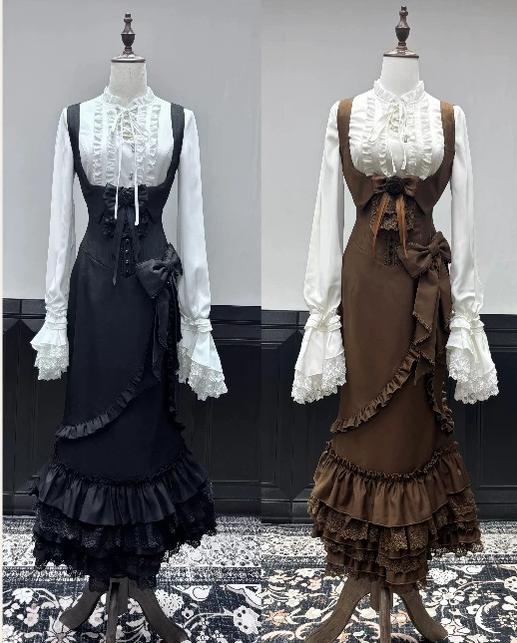 Miss Winnie - Gothic Lolita Blouse & Mermaid JSK Dress Set, Ruffle Lace Hem 46027:872880