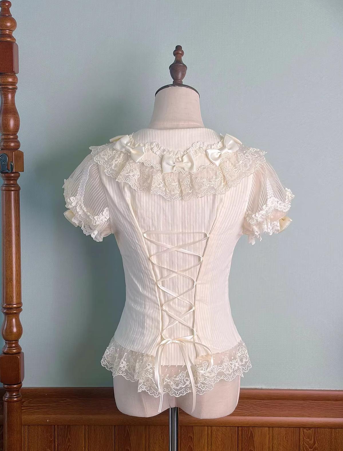 Macaron - Sweet Lolita Short Sleeve Shirt, Lace & Bow Details