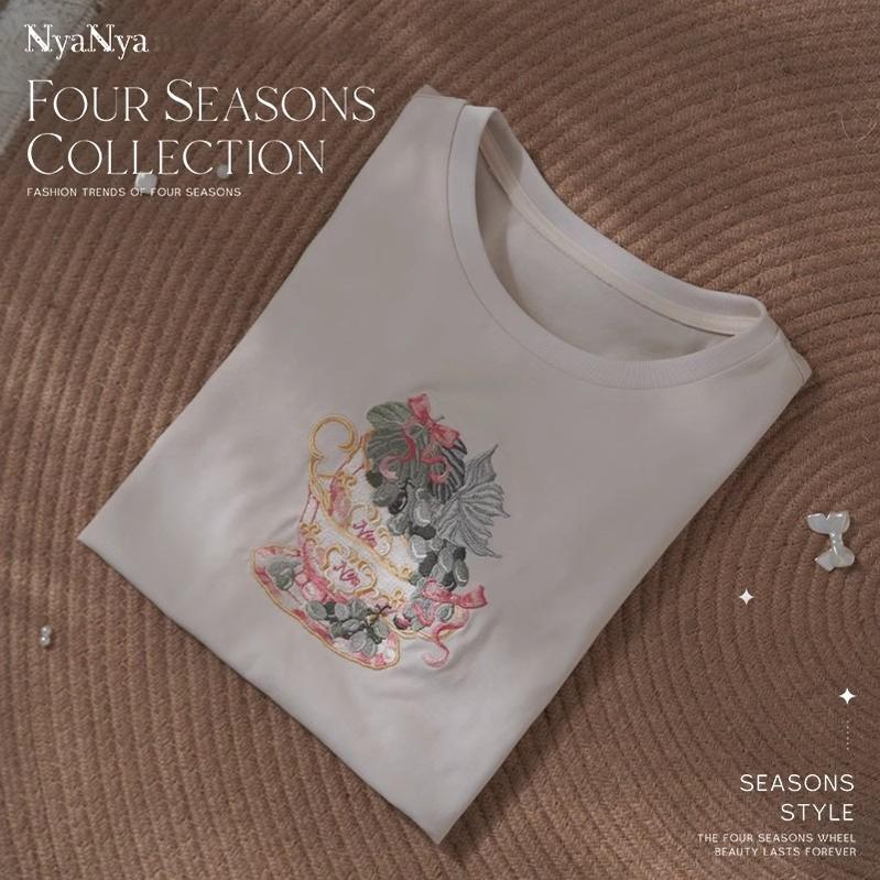 (BFM)NyaNya~Four Seasons Collection~Sweet Lolita T-shirt Summer Loose Fit Embroidered T-shirt S Gray - Afternoon Tea 