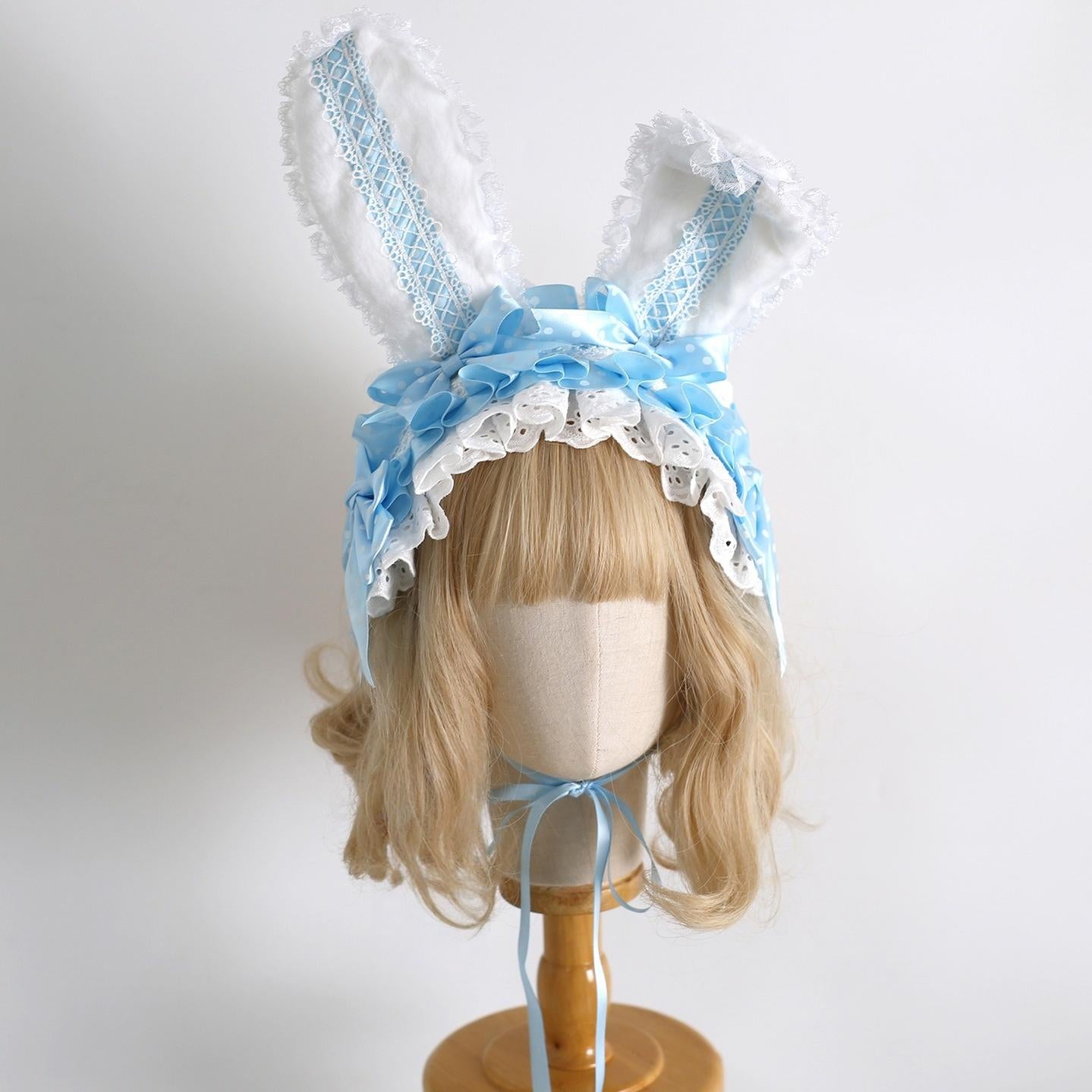 Xiaogui - Sweet Lolita Polka Dot Lace Hairband, Shapeable Bunny Ears (Blue) 44127:797274
