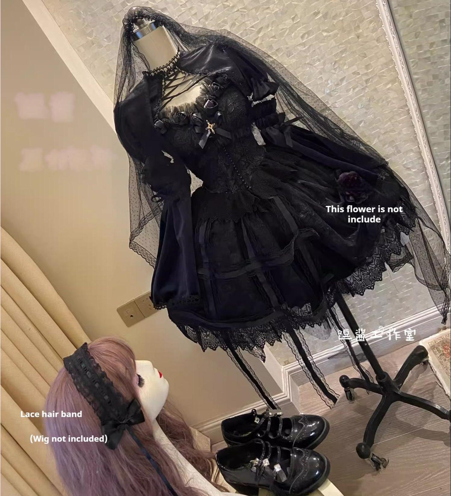 Doujiang - Rose Cage - Gothic Lolita Dress Black Suspender Dress One Size Suspender dress+headband