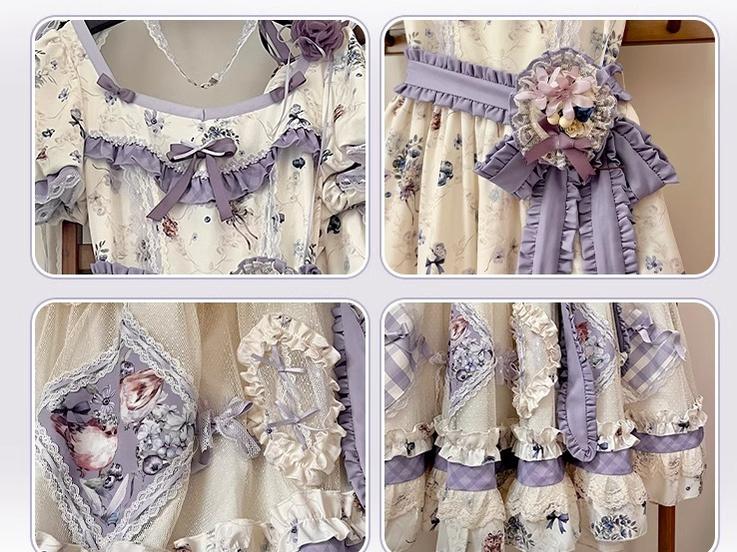 (BFM)Strawberry Fantasia~Blueberry Pie~Country Lolita OP Short Sleeve Floral Printing Dress   