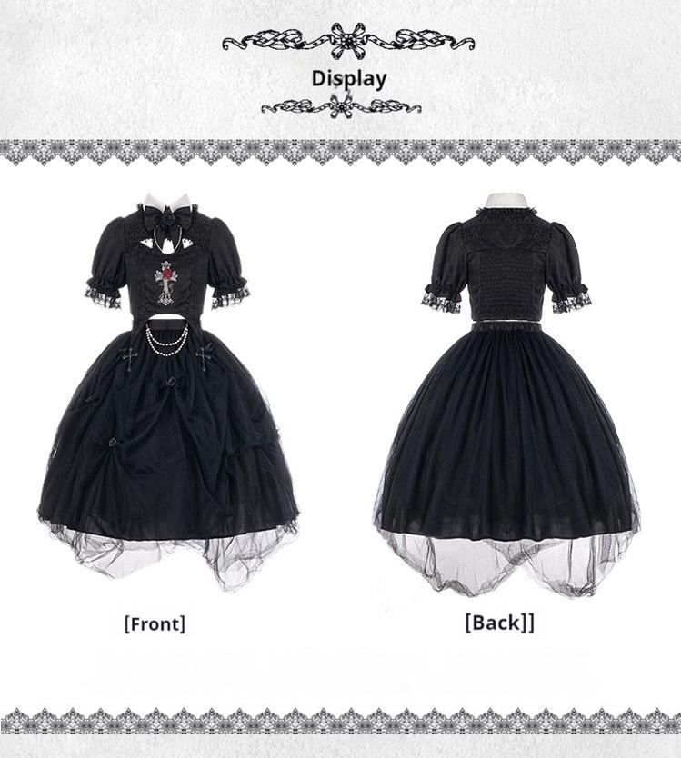 With PUJI~Evil Flower~Gothic Lolita Skirt Set Rose Embroidered Hollow Out Blouse   