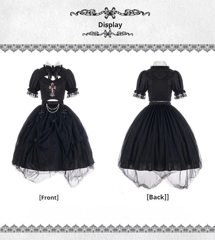 With PUJI~Evil Flower~Gothic Lolita Skirt Set Rose Embroidered Hollow Out Blouse   