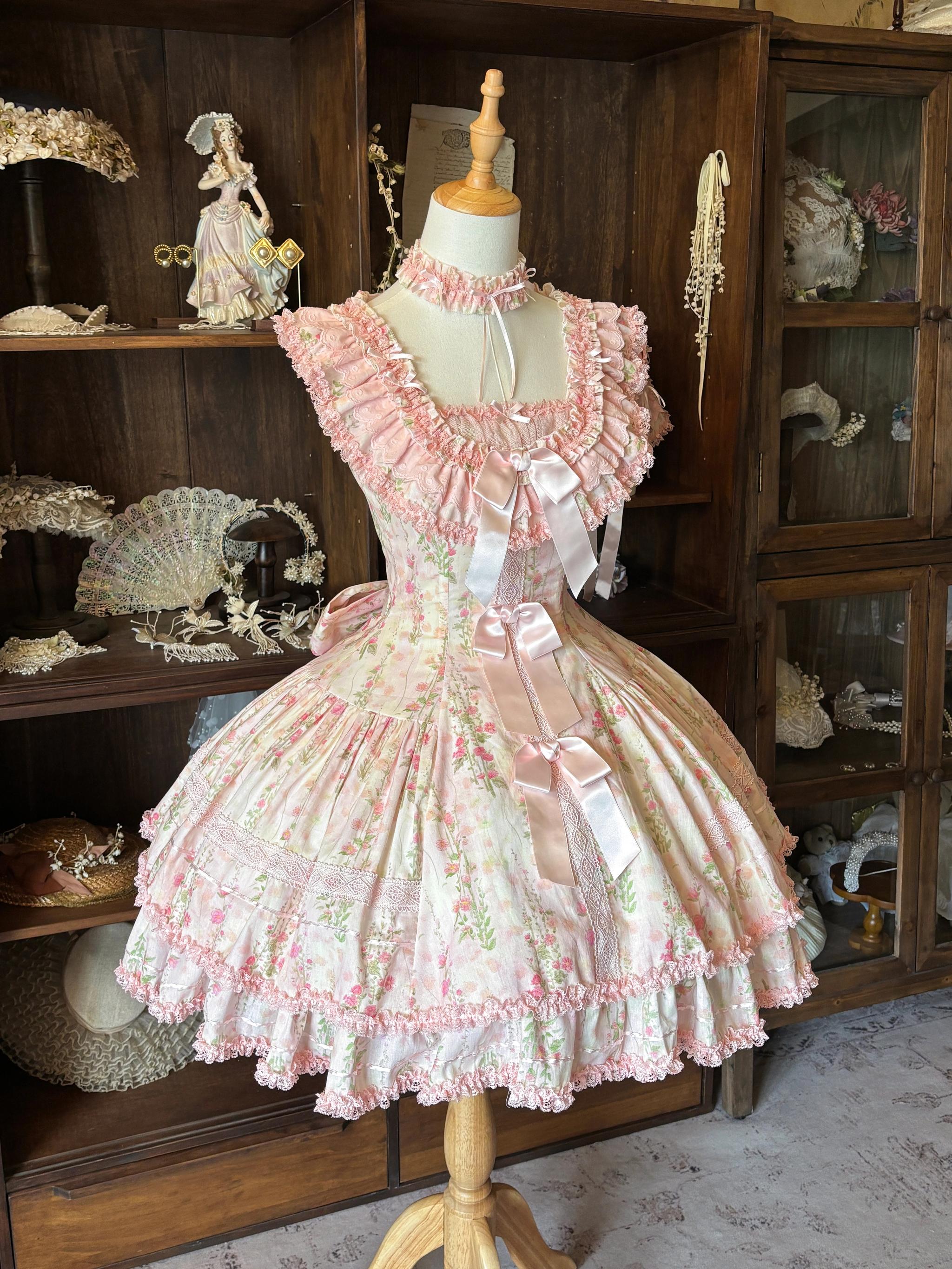 Prologue Rose - Cotton Classic Lolita Pink JSK Dress, Rose Print 45828:864114