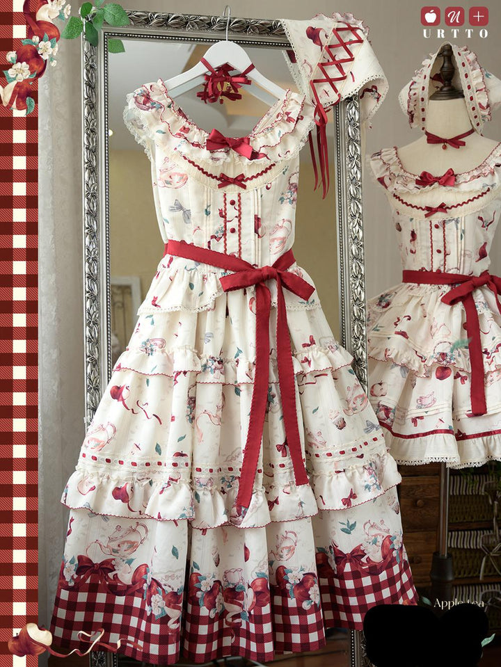 Urtto~Apple Tea~Country Lolita Dress Elegant Floral Print JSK Dress   