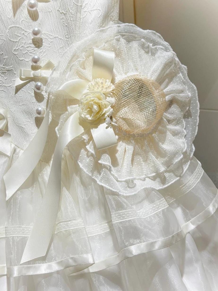 White Bird Love Letter - Classic Lolita Jacquard OP Dress, Embroidered Tulle Hem Milky Apricot S Hat Only (one size / M)