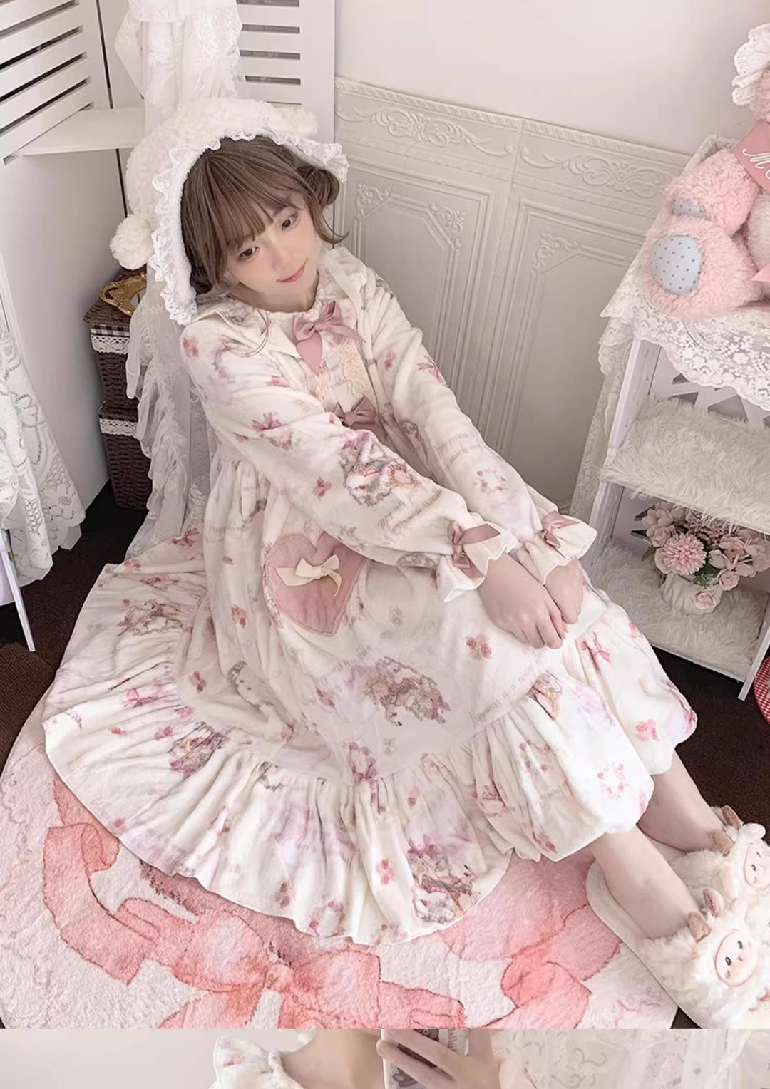 Baduoni~Starry With Moon~Winter Sweet Lolita Nightgown Dress Flannel Dree with Pants