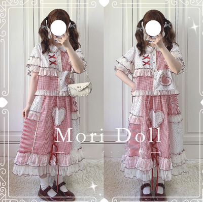 Mori Doll~Peach Tea~Sweet Lolita Dot and Stripe Print Skirt Multicolors   