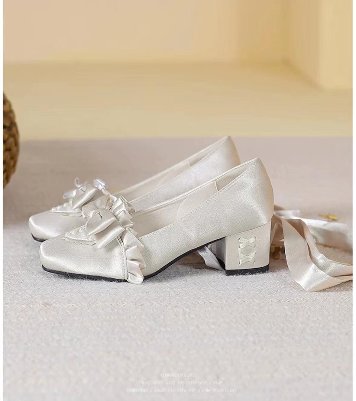 (BFM)WENROO~Ballet Style Lolita Heels Shoes Fairy Shoes Square Head Bow   