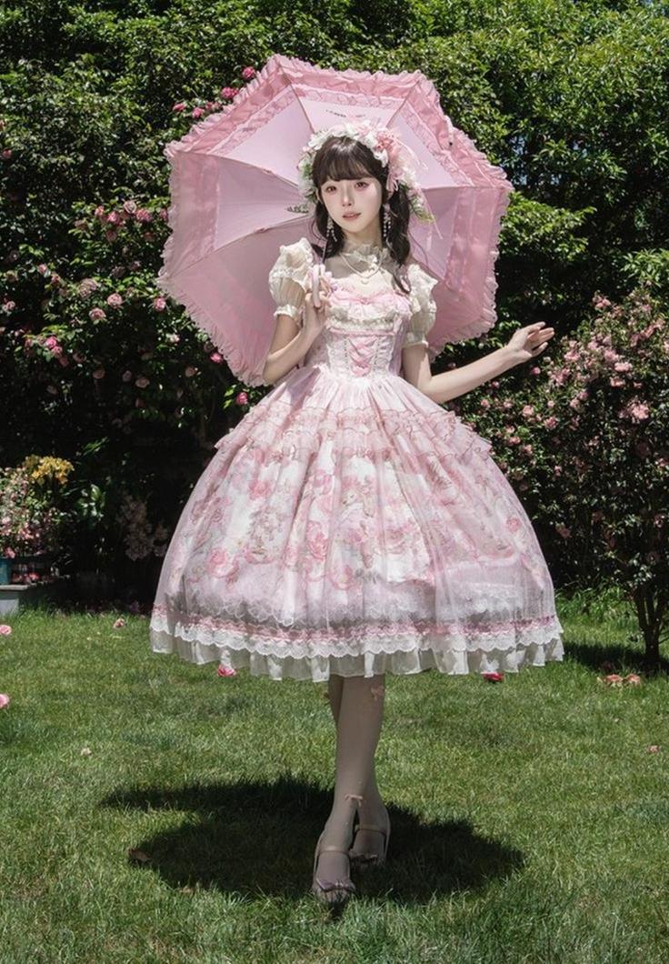 Deer Garden - Sweet Lolita Deer Printed JSK Dress with Tulle Overlay 45607:855289