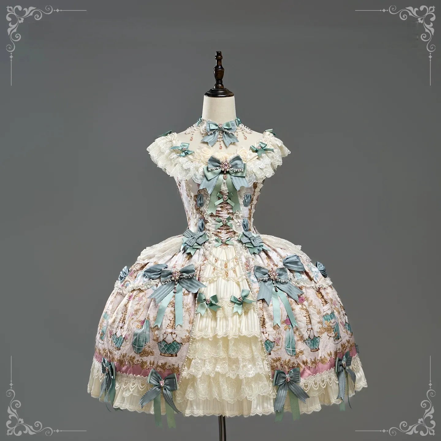 Antique Gem Fragrance - Gorgeous Classic Lolita Dress Set, Floral and Bottle Print (L M S XL XS) 45483:851728