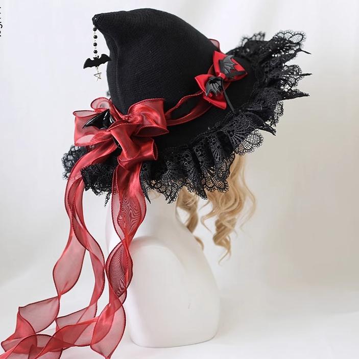 Xiaogui~Halloween Lolita Hat Devil Lace Woolen Witch Hat Children's size (head circumference within 54cm) Dark red sequin yarn 