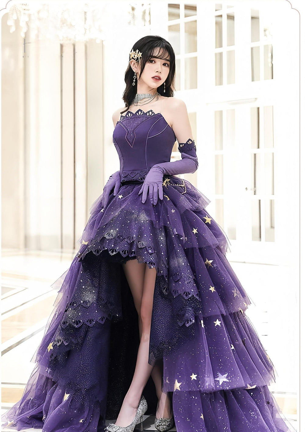Nikki Tomorrow~Starry Sea~Elegant Purple Lolita Prom Dress High-low Hem Skirt & Fishbone Bodice