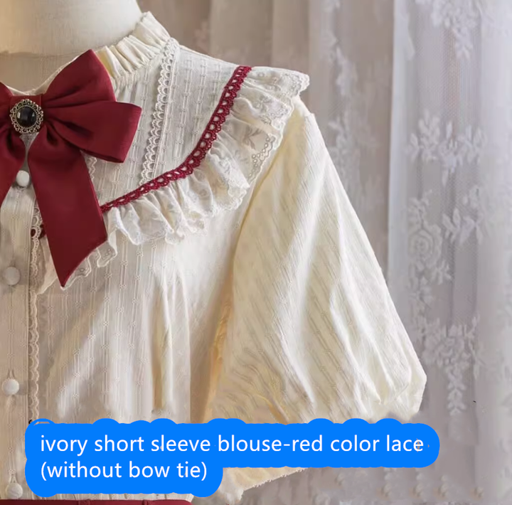 (Buyforme)Uncle Wall Original~Rich Girl~Elegant Lolita SK and Shirt S ivory short sleeve blouse-red color lace 